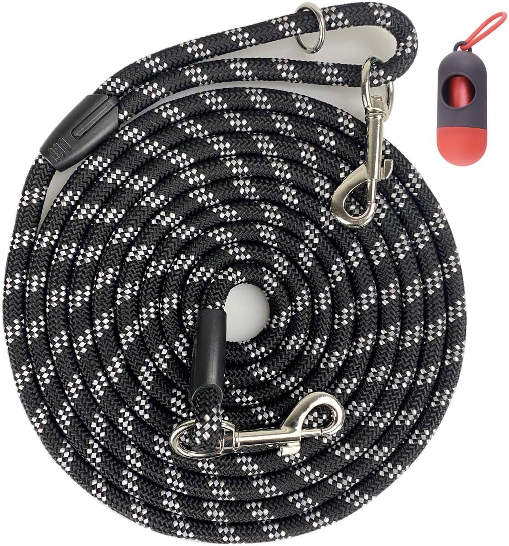 Long Rope Dog Leash for Dog Training 12FT 20FT 30FT 50FT, Reflective Threads Dog Leashes Tie-Out Check Cord Recall Training Agility Lead for Large Medium Small Dogs ( Black, 10Mm*12Ft)