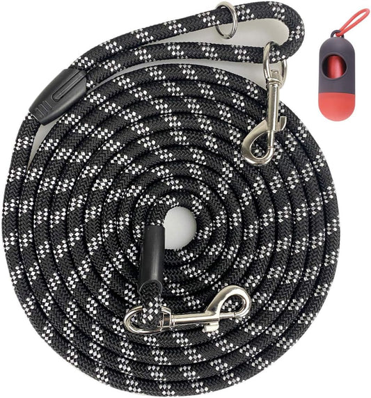 Long Rope Dog Leash for Dog Training 12FT 20FT 30FT 50FT, Reflective Threads Dog Leashes Tie-Out Check Cord Recall Training Agility Lead for Large Medium Small Dogs ( Black, 10Mm*12Ft)
