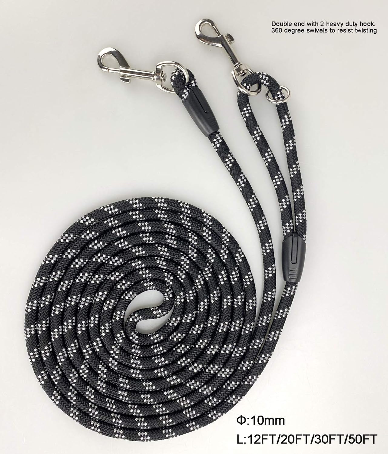 Long Rope Dog Leash for Dog Training 12FT 20FT 30FT 50FT, Reflective Threads Dog Leashes Tie-Out Check Cord Recall Training Agility Lead for Large Medium Small Dogs ( Black, 10Mm*12Ft)