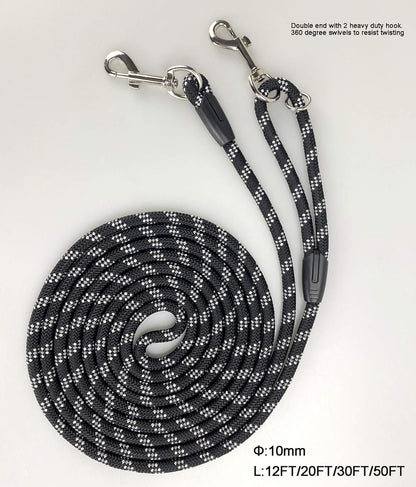 Long Rope Dog Leash for Dog Training 12FT 20FT 30FT 50FT, Reflective Threads Dog Leashes Tie-Out Check Cord Recall Training Agility Lead for Large Medium Small Dogs ( Black, 10Mm*12Ft)