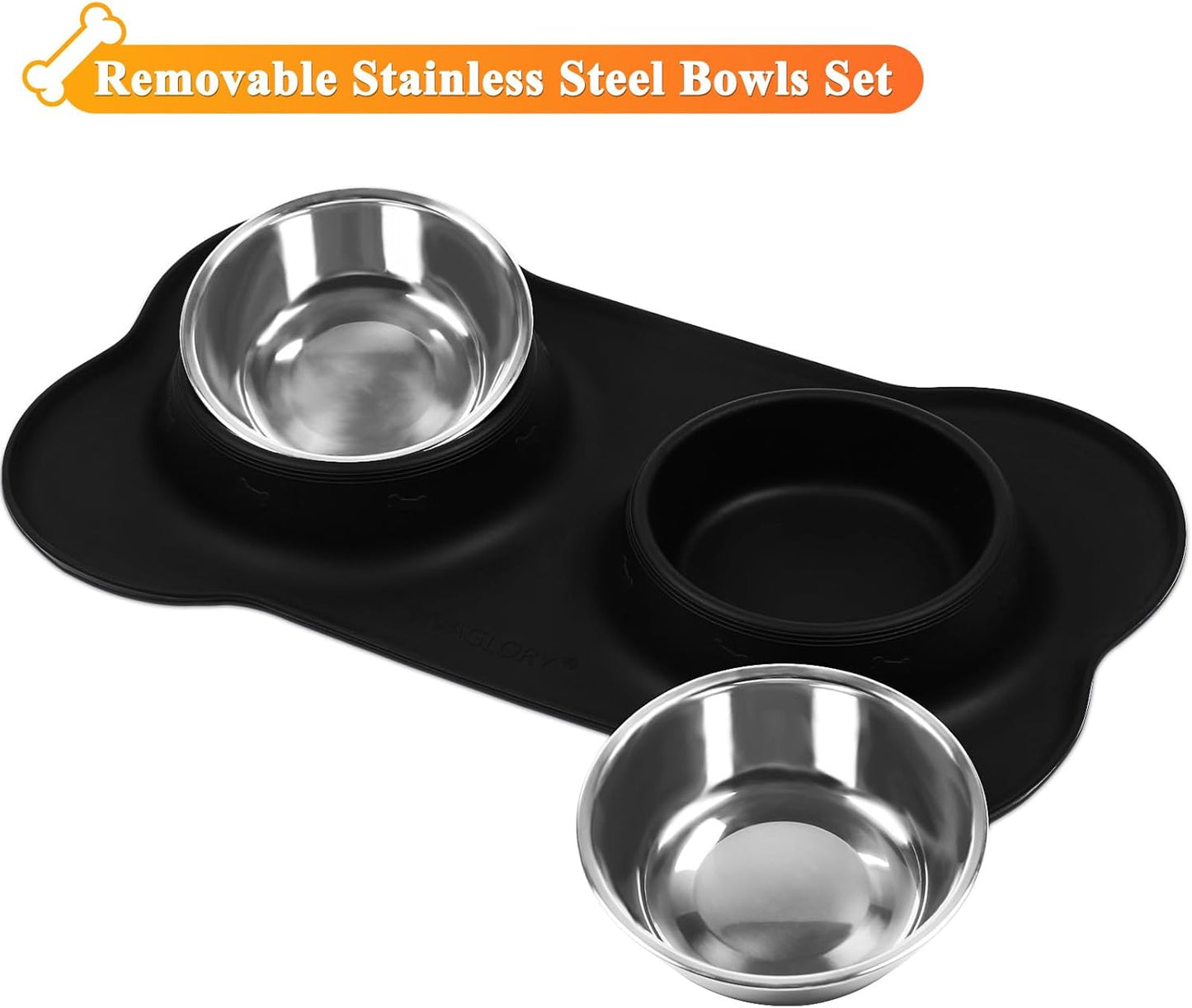 Dog Bowls, Dog Food Bowls, Stainless Steel Cat Puppy Water Bowls with Non Spill Skid Resistant Silicone Mat, Medium, Black