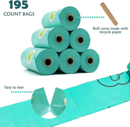 Dog Poop Pickup Bags Holder Dispenser with Standard-Sized Leak-Proof Scented Doggy Waste Bags and Carabiner with Safety Lock&Fastener Never Loose on Leash Lead Again (1 Holder 195 Bags, Blue)