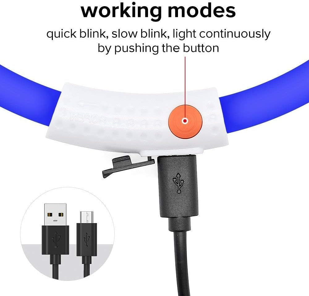 LED Dog Necklace Light, USB Rechargeable Light up Dog Collar, Flash LED Dog Collar for Your Dogs Camping (Blue-Silicone)