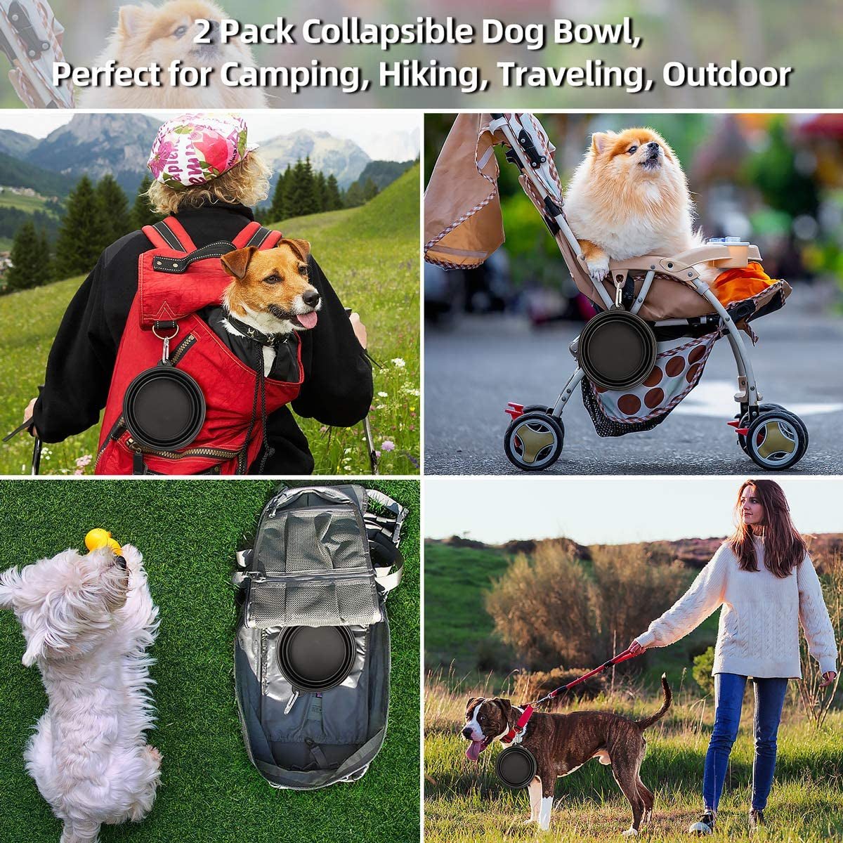 Large Collapsible Dog Bowls 2 Pack, 34Oz Foldable Dog Travel Bowl, Portable Pet Water Food Bowl with Clasp, Pet Cat Feeding Cup Dish for Traveling, Walking, Hiking (Black+Black)