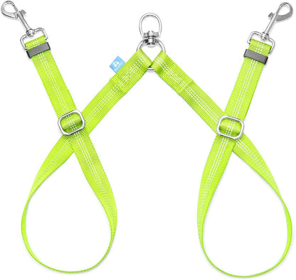 Double Dog Leash Splitter, Tangle Free Dual Dog Leash Coupler, Two Dog Walking and Training Extension for Small Medium or Large Dogs (1.0'' X 20~32 Inch, Green)