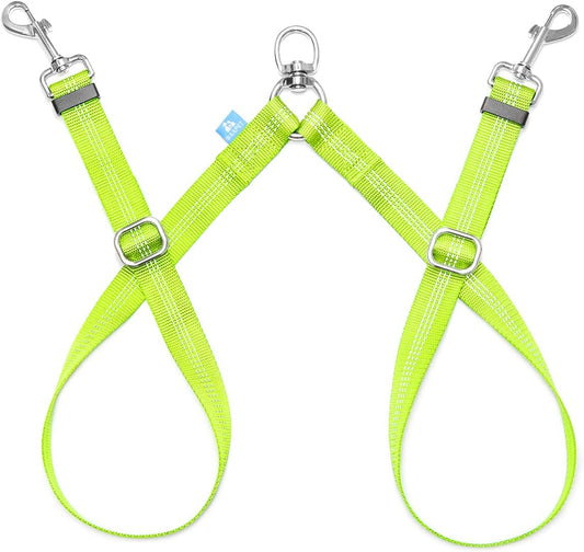 Double Dog Leash Splitter, Tangle Free Dual Dog Leash Coupler, Two Dog Walking and Training Extension for Small Medium or Large Dogs (1.0'' X 20~32 Inch, Green)