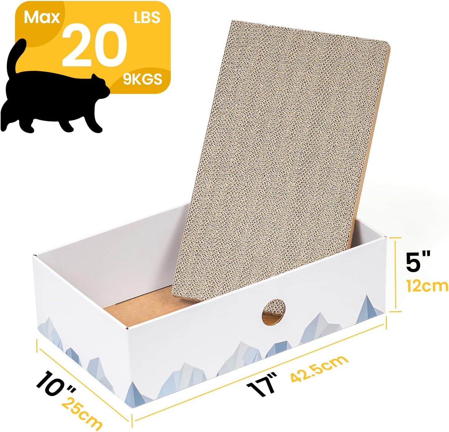 Cat Scratcher Box with Heavy-Duty Double-Sided Cardboard Pad, Cardboard Lounger, Interactive Hole Design, Cat Bed for Indoor Cats, White, Large