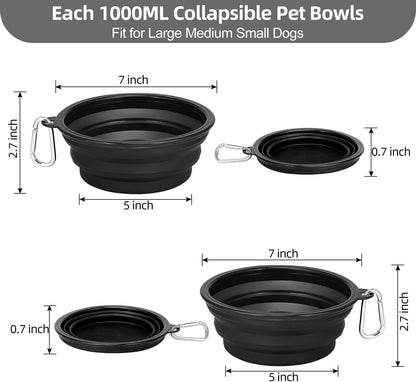 Large Collapsible Dog Bowls 2 Pack, 34Oz Foldable Dog Travel Bowl, Portable Pet Water Food Bowl with Clasp, Pet Cat Feeding Cup Dish for Traveling, Walking, Hiking (Black+Black)