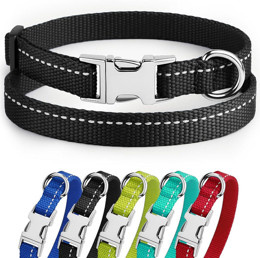 Reflective Dog Collar for a Small, Medium, Large Dog or Puppy with a Quick Release Buckle - Boy and Girl - Nylon Suitable for Swimming (7-11 Inch, Black)