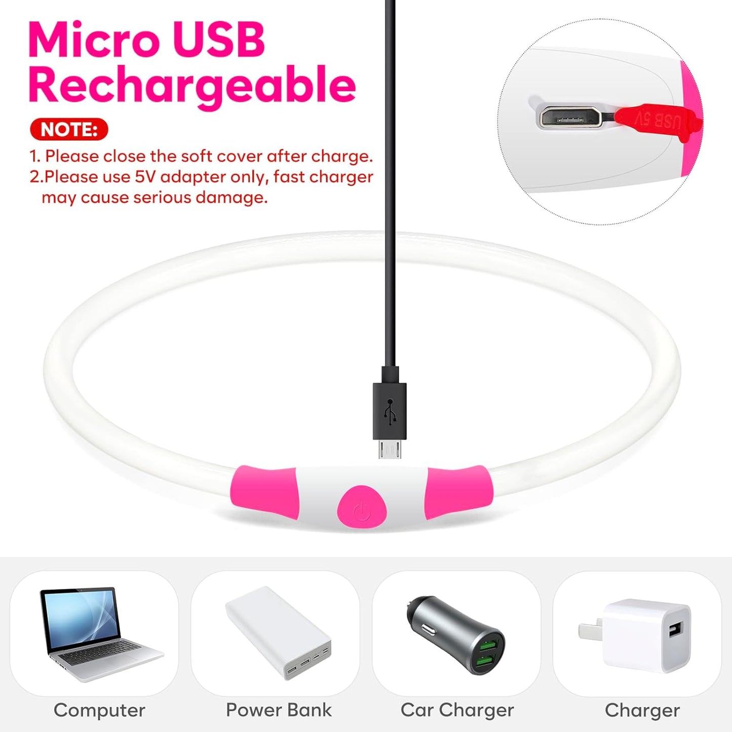 LED Dog Collar, USB Rechargeable Light up Dog Collars Glow in the Dark, Waterproof LED Dog Necklace for Your Dogs Walking at Night (Pink)