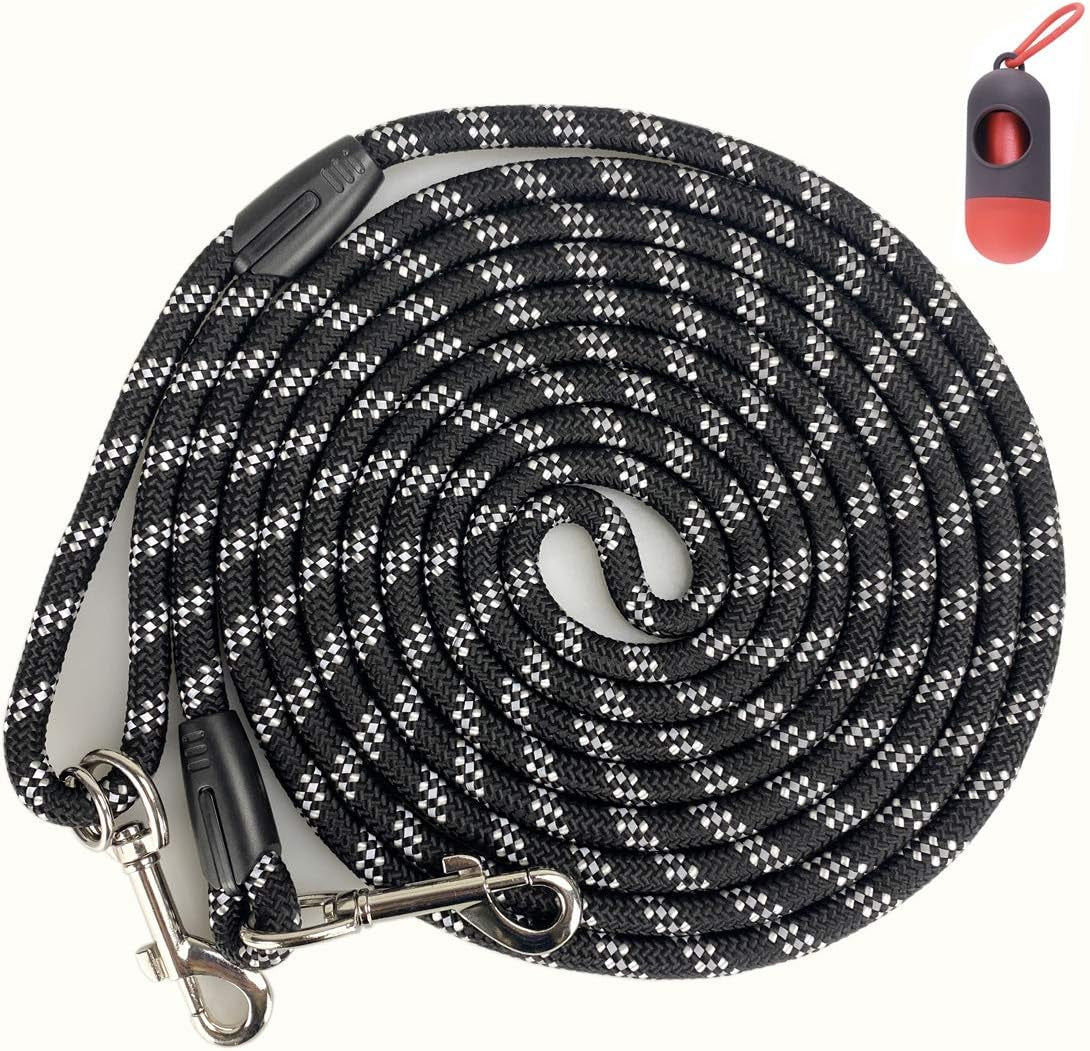 Long Rope Dog Leash for Dog Training 12FT 20FT 30FT 50FT, Reflective Threads Dog Leashes Tie-Out Check Cord Recall Training Agility Lead for Large Medium Small Dogs ( Black, 10Mm*12Ft)