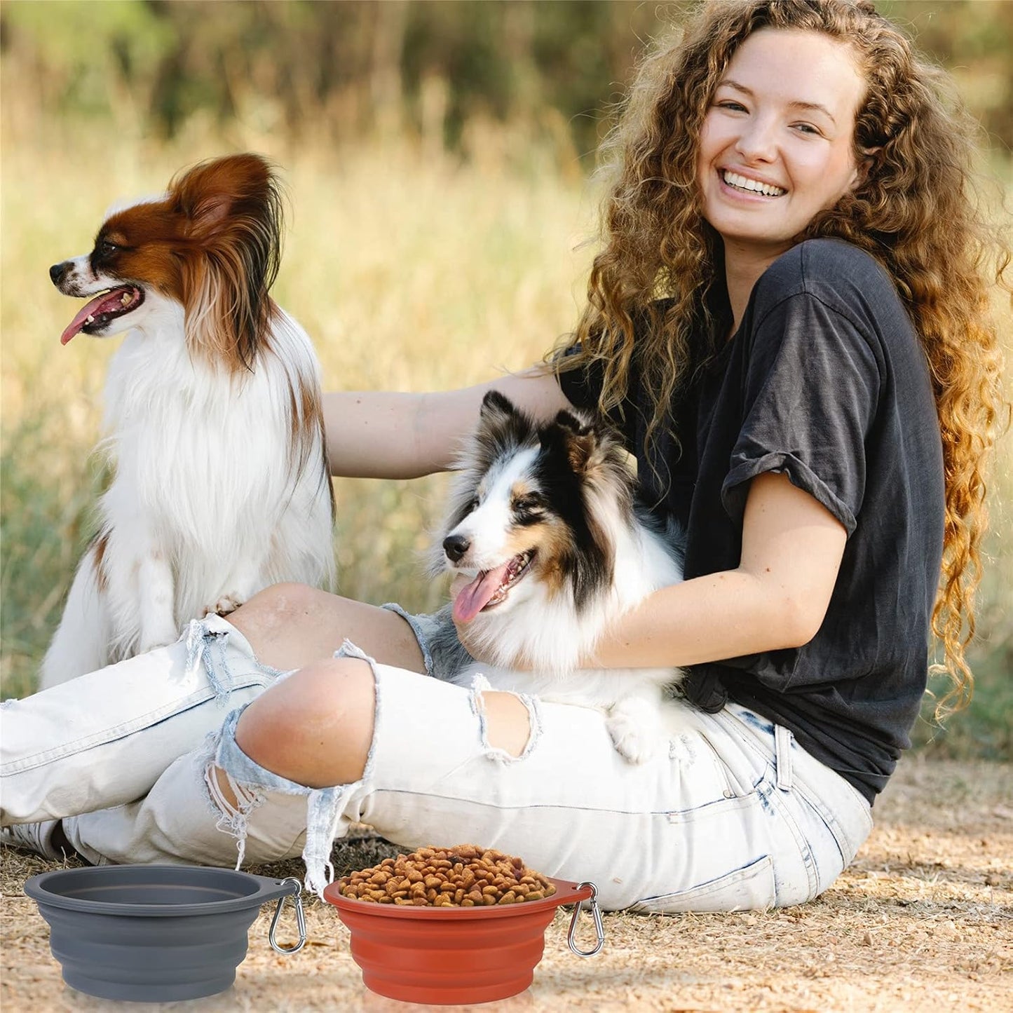 2Pack Collapsible Dog Bowl,Integrated Molding Travel Bowl No Plastic Rim Pet Feeding Bowls for Walking Traveling Outdoors,600Ml (Brown+Grey)