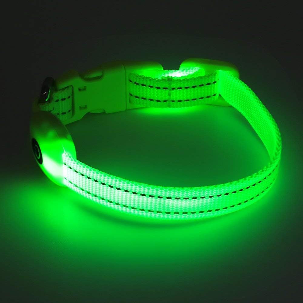 Adjustable LED Dog & Cat Collar - Rechargeable, Small Breeds, Green, 8.5-11.8 Inches, Nylon, Lightweight, Reflective, 2 Flash Modes