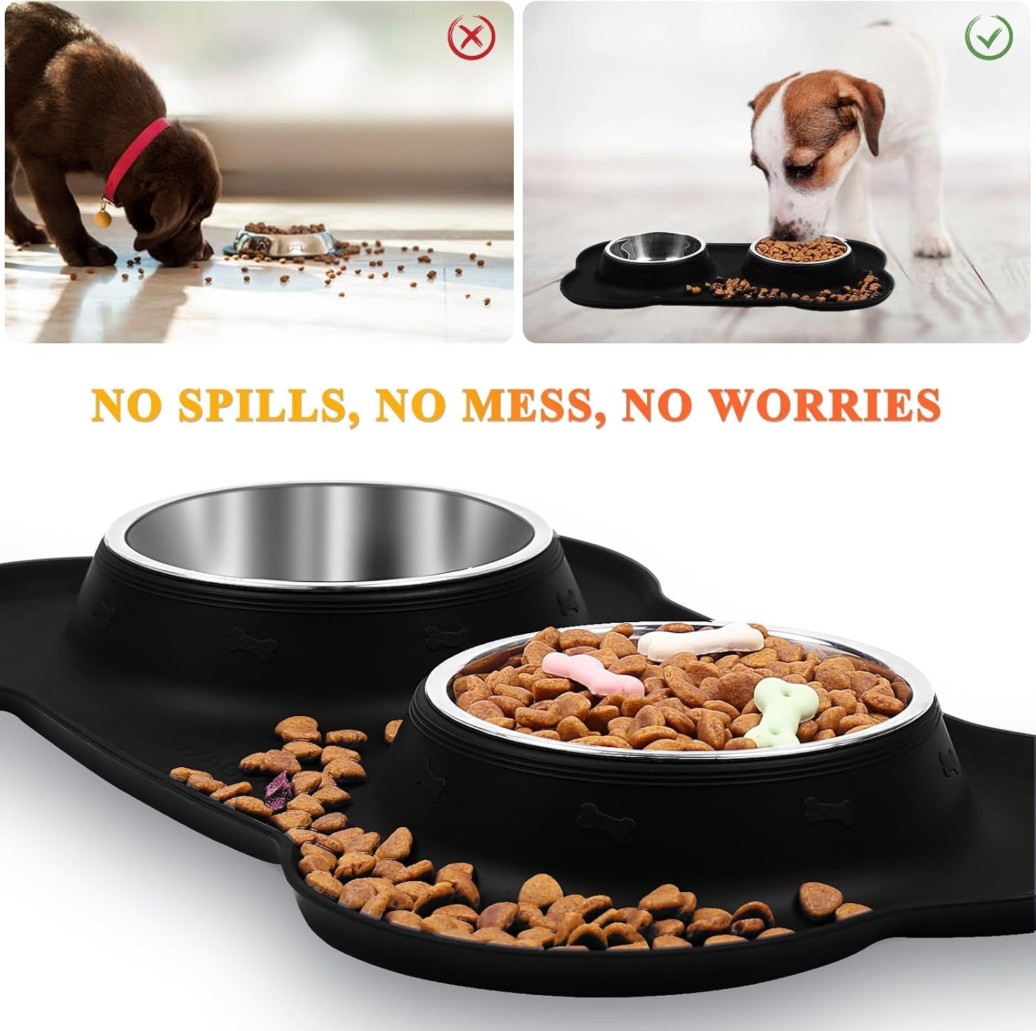 Dog Bowls, Dog Food Bowls, Stainless Steel Cat Puppy Water Bowls with Non Spill Skid Resistant Silicone Mat, Medium, Black