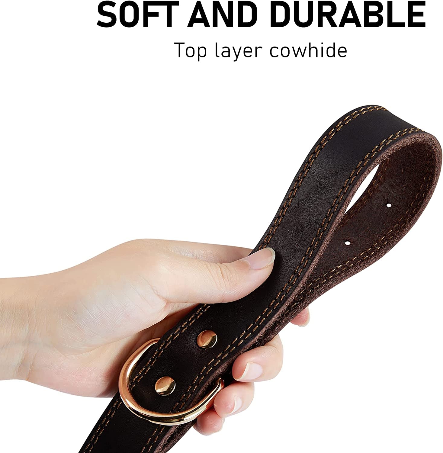 Leather Dog Collar, Heavy Duty Wide Dog Collar for Small,Medium,Large and Extra Large Dogs (M: 1" Wide for 15.2"-19.2" Neck, Dual Stitch - Brown)