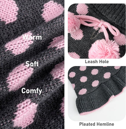Dog Sweaters with Leash Hole for Small Dogs Turtleneck Dog Sweater Dress for Girl Polka Dot Knit Pullover Doggie Sweater Warm Pet Sweater