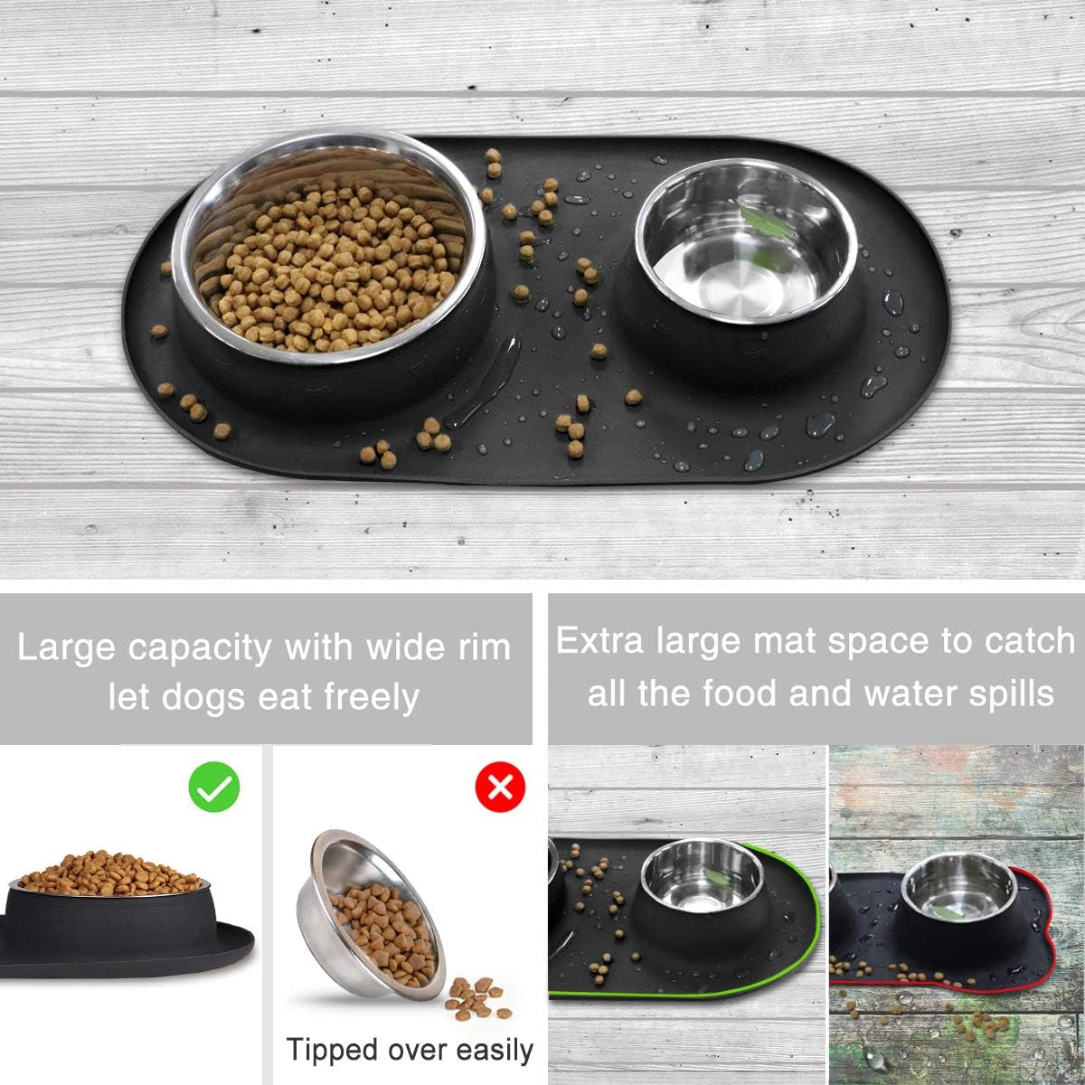 Double Dog Cat Bowls 2 Stainless Steel with No Spill Non-Skid Silicone Mat, Pet Food Water Feeder Bowl for Small Medium Large Dogs, Puppies, and Pets