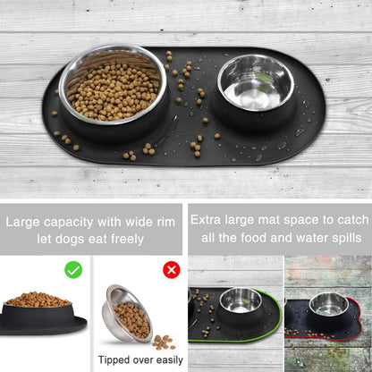 Double Dog Cat Bowls 2 Stainless Steel with No Spill Non-Skid Silicone Mat, Pet Food Water Feeder Bowl for Small Medium Large Dogs, Puppies, and Pets