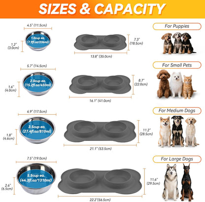 Dog Bowls, Dog Food Bowls, Stainless Steel Cat Puppy Water Bowls with Non Spill Skid Resistant Silicone Mat, Medium, Black