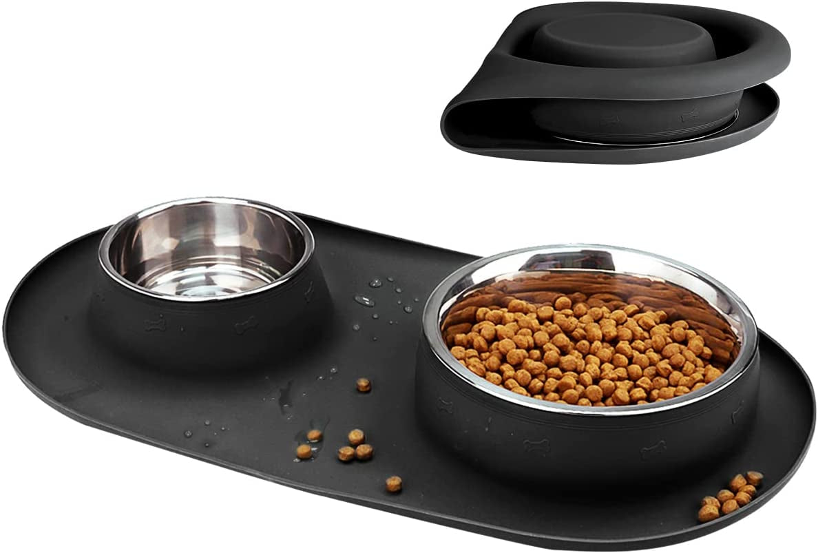 Double Dog Cat Bowls 2 Stainless Steel with No Spill Non-Skid Silicone Mat, Pet Food Water Feeder Bowl for Small Medium Large Dogs, Puppies, and Pets