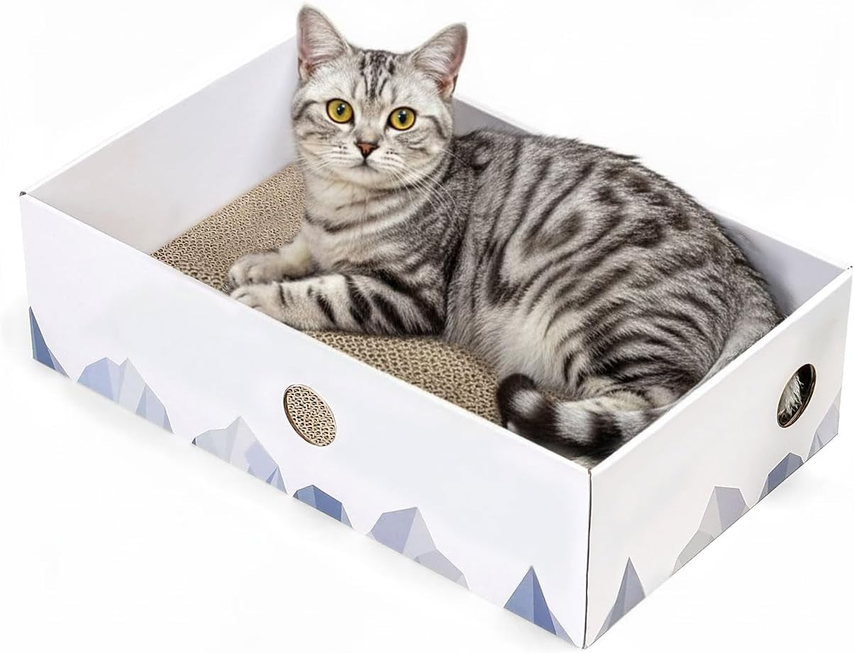 Cat Scratcher Box with Heavy-Duty Double-Sided Cardboard Pad, Cardboard Lounger, Interactive Hole Design, Cat Bed for Indoor Cats, White, Large