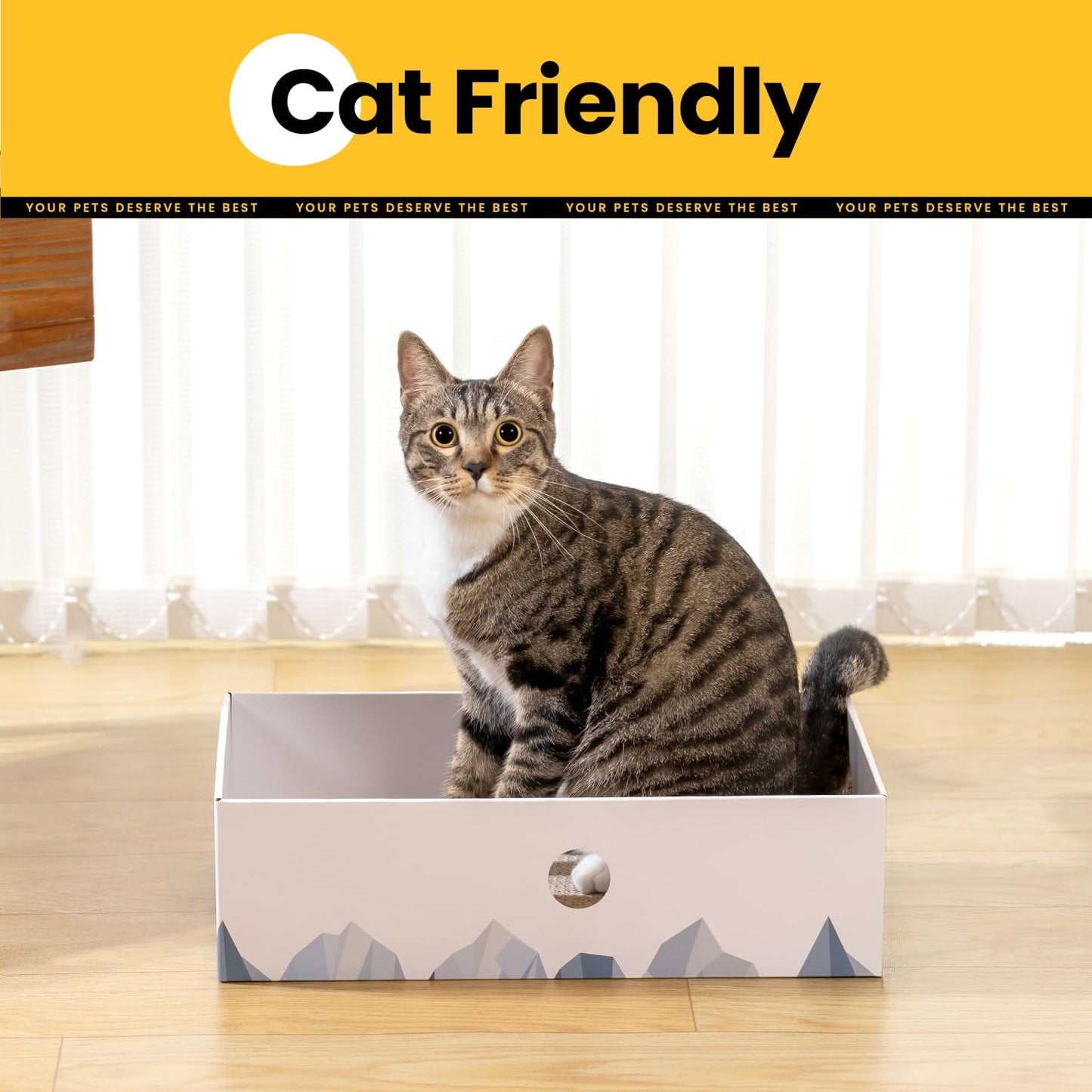 Cat Scratcher Box with Heavy-Duty Double-Sided Cardboard Pad, Cardboard Lounger, Interactive Hole Design, Cat Bed for Indoor Cats, White, Large