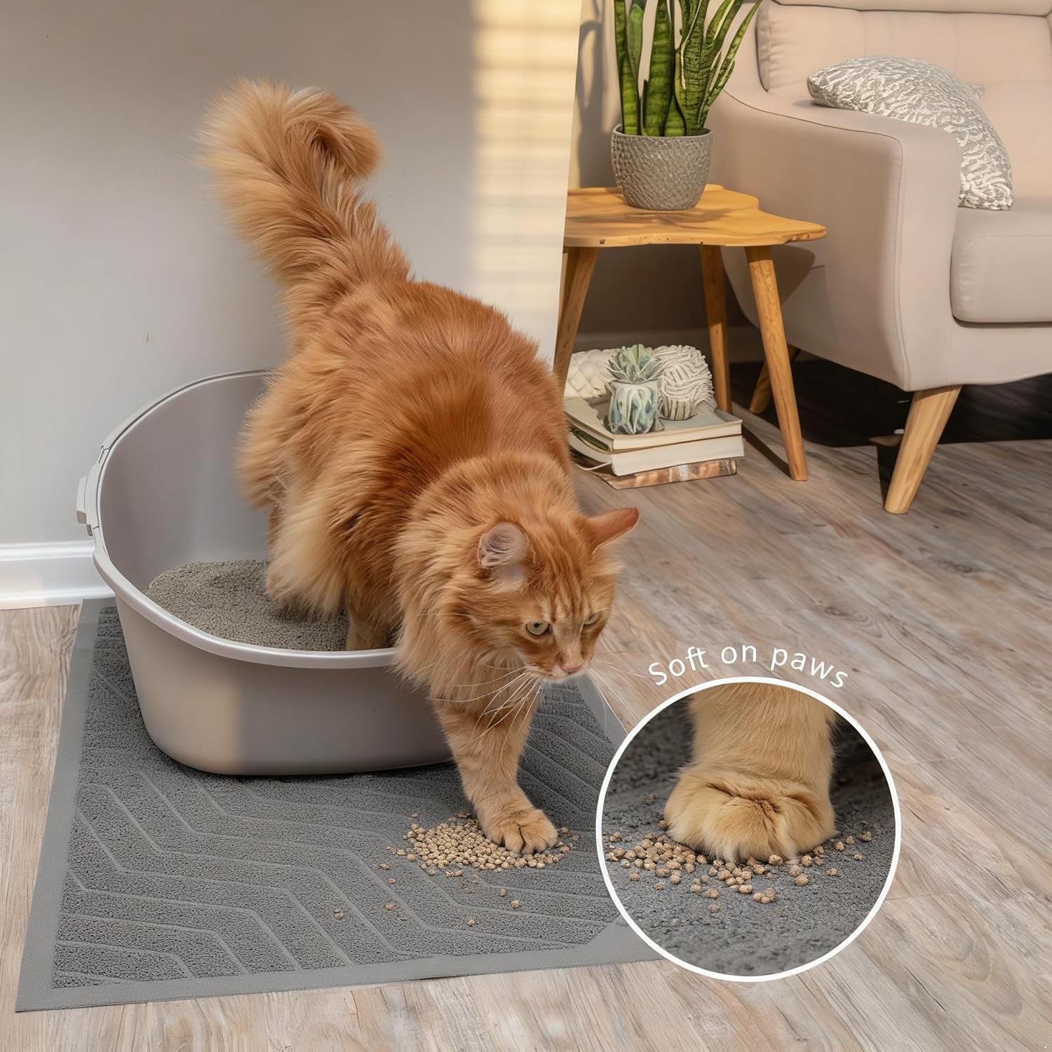Cat Litter Box Mat(No. 02-2), Kitty Premium PVC Pad, Durable Trapping Rug, Phthalate Free, Urine-Resistant, Scatter Control, L 35 X 23, Grey